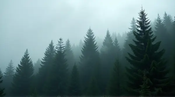 Low-angle view of tall evergreen trees surrounded by mist beneath a gray, cloud-filled sky.