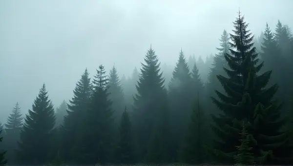 Tall Evergreen Trees Shrouded In Misty Gray Sky