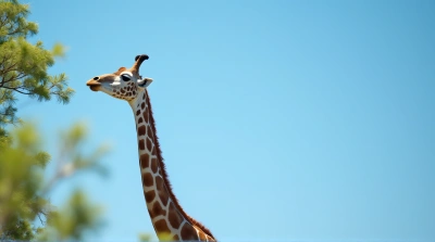 Tall Giraffe Eating Green Leaves Sky Background