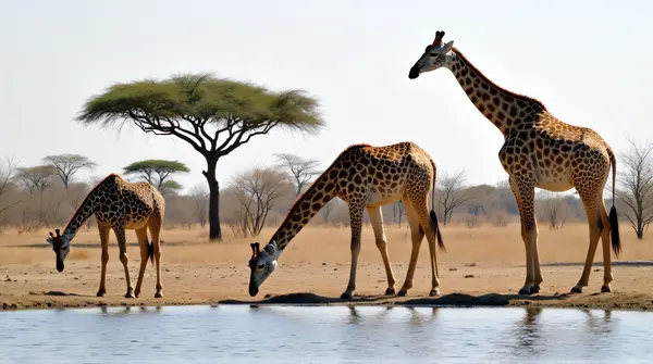 Three tall giraffes bending gracefully to drink from a calm pool near acacia trees under a clear sky