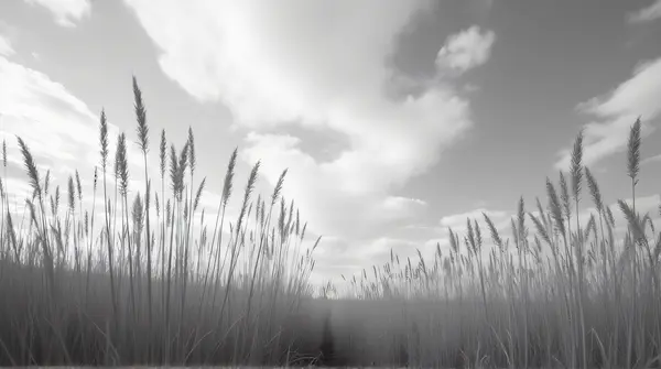 Black and white image of tall grass blades moving with textured layered vapor formations in the sky