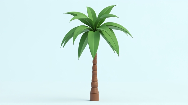 Solitary green palm plant leaning against a clear blue sky from low angle perspective.