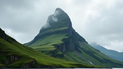 Tall Lush Peak Against Gray Textured Sky