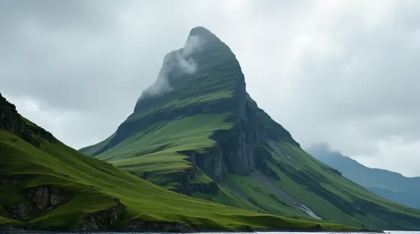 Tall Lush Peak Against Gray Textured Sky