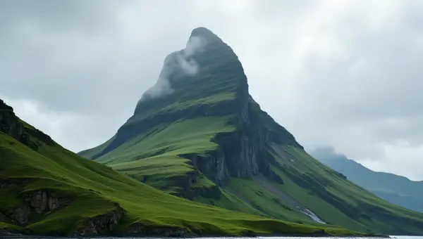 Tall Lush Peak Against Gray Textured Sky