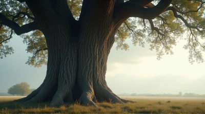 Tall Oak Tree With Textured Bark And Sunlight