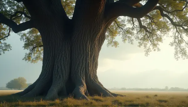 Tall Oak Tree With Textured Bark And Sunlight