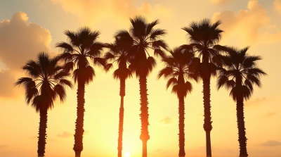 Tall Palm Trees With Textured Trunks Against Glowing Sky