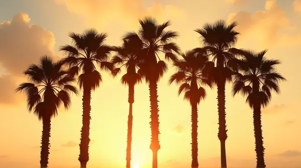 Group of tall palm trees with rough trunks and spiky fronds outlined against a glowing sky