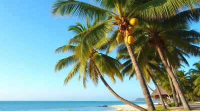Tall Palm Trees With Unripe Coconuts Near Calm Coastline