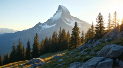 Tall Peak Behind Dense Conifer Forest At Sunrise