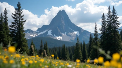 Tall Pine Trees With Towering Peak And Wildflowers