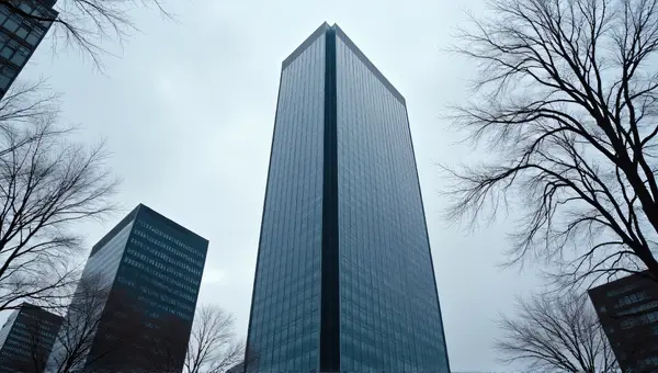 Tall Reflective Tower Among Leafless Trees