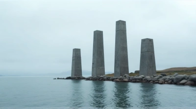 Tall Stone Pillars Against Cloudy Sky Over Lake