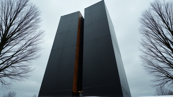 Tall black and brown tower with textured surfaces stands between bare trees under a cloudy sky.