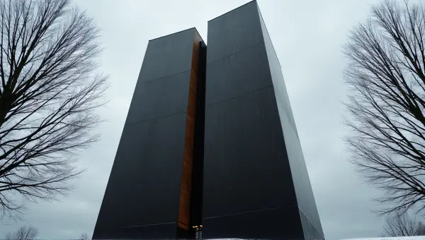 Tall Textured Tower With Bare Trees Under Overcast Sky