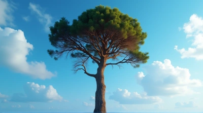 Tall Tree With Rustic Bark And Blue Sky