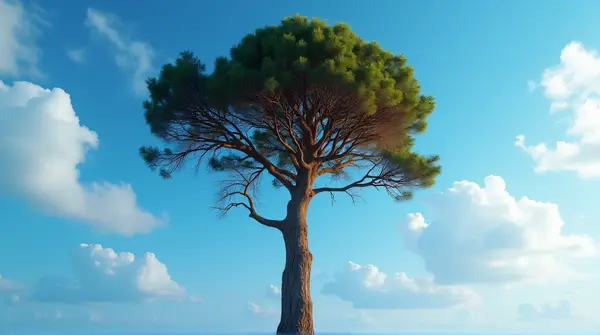 A tall tree with textured russet bark stands against a blue sky with scattered wispy clouds.