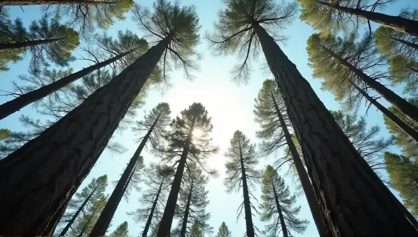 Tall Tree Trunks Against Bright Sky