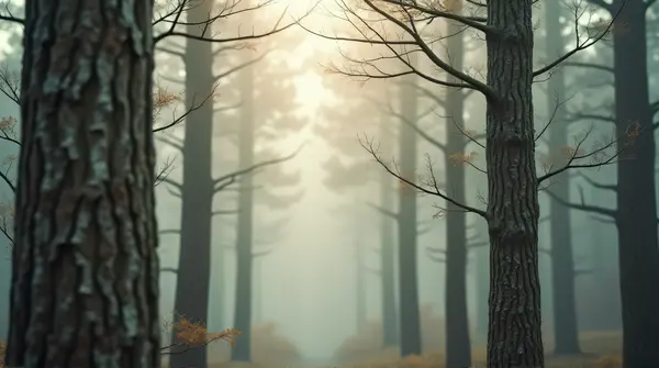 Selective focus on tall tree trunks and branches with diffused light creating a calm atmosphere.