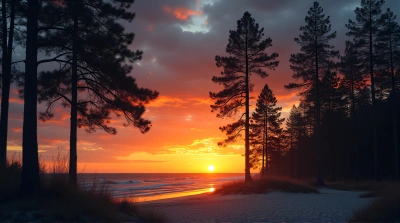 Tall Trees Along Sandy Shore At Dusk