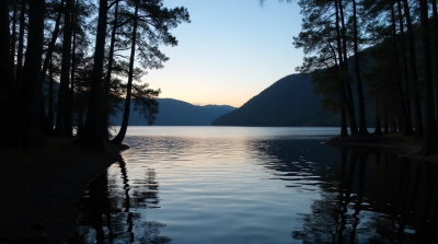 Tall Trees by Quiet Lake at Sunset