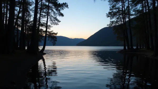 Tall Trees by Quiet Lake at Sunset