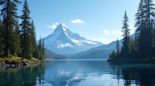 Wide-angle view of tall trees next to calm water framed by a snow-dusted peak under a blue sky.