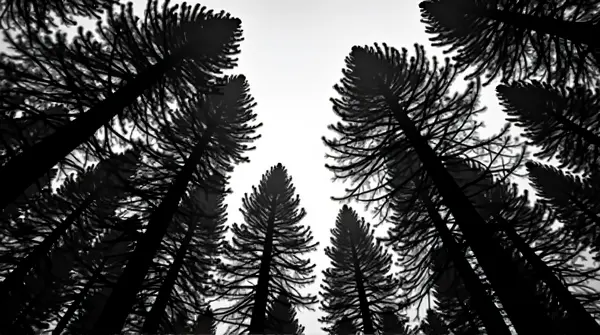 Low-angle view of tall dark trees reaching up beneath a contrasting monochrome sky