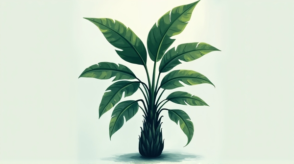 Illustration of a tall tropical plant with dark emerald leaves and deep charcoal trunk on plain backdrop