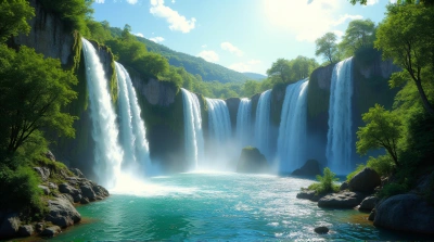 Tall Waterfalls Flowing Into Clear Basin With Greenery