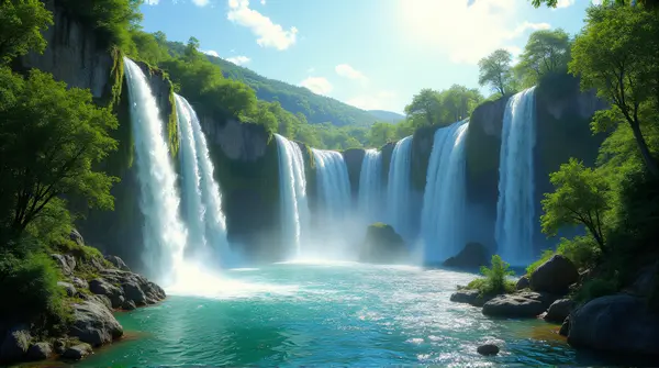 Tall Waterfalls Flowing Into Clear Basin With Greenery