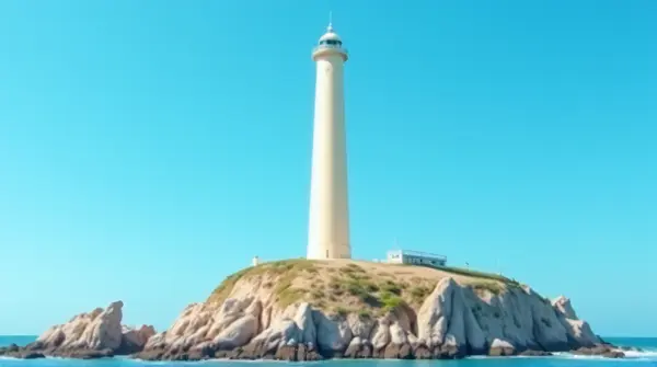 Tall White Lighthouse On Jagged Cliff Under Blue Sky