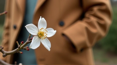 Tan Blazer Close-Up With Pale Blossom Contrast