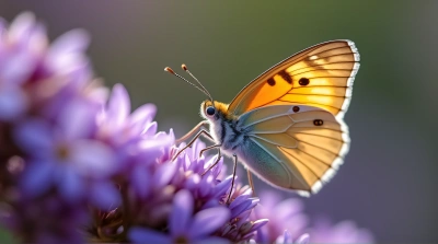 Tan Butterfly On Violet Blossom In Soft Light