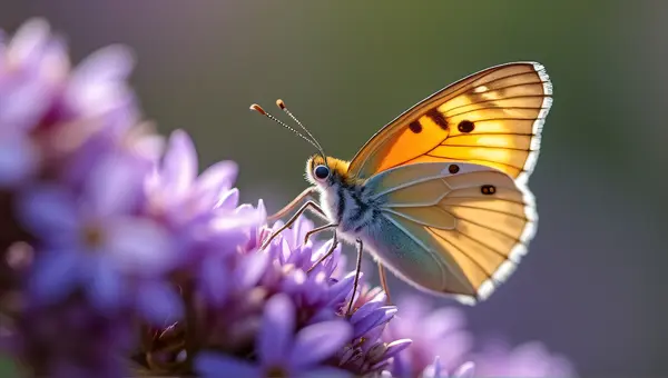 Tan Butterfly On Violet Blossom In Soft Light