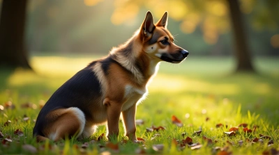 Tan And Dark-Furred Dog In Leafy Meadow