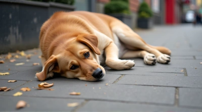 Tan Dog Lounging On Urban Sidewalk With Leaves