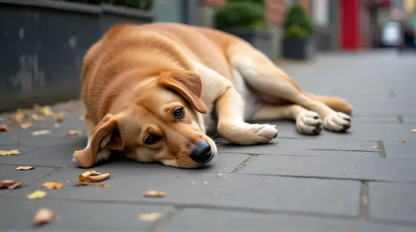 Tan dog lying on a city sidewalk surrounded by scattered leaves and textured concrete.