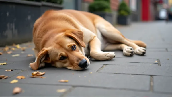 Tan Dog Lounging On Urban Sidewalk With Leaves