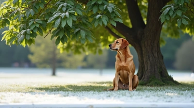 Tan Dog Relaxing On Frosted Surface With Leafy Tree