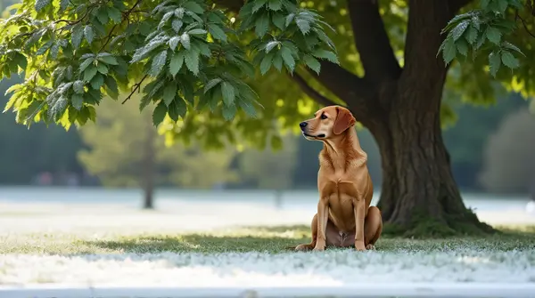 Tan Dog Relaxing On Frosted Surface With Leafy Tree
