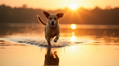 Tan Dog Sprinting Across Lake At Sunset Reflection