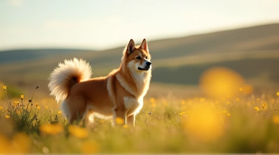 Tan Dog Standing Alert On Sunny Wildflower Meadow