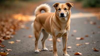 Tan Dog Standing Attentively On Autumn Path