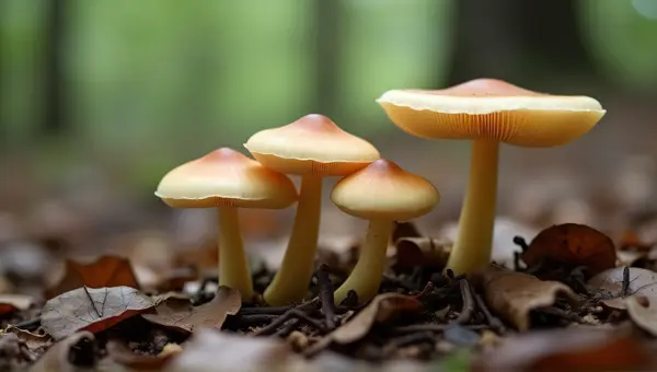 Tan Mushrooms Growing Among Leaves And Twigs