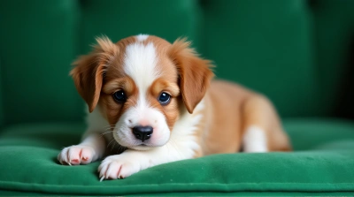 Tan Puppy Relaxing On Emerald Cushion