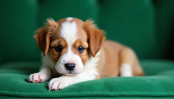 Tan Puppy Relaxing On Emerald Cushion