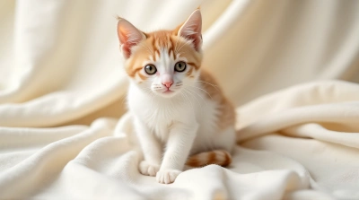 Tan And White Cat On Textured Ivory Fabric