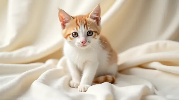 Tan and white cat sitting on textured ivory cloth with gentle folds in close-up view.